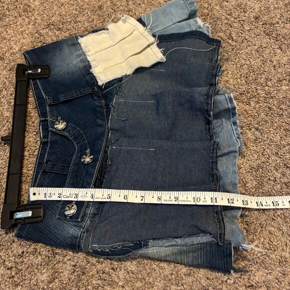Handmade Upcycled Patchwork Denim Mini Skirt Sz 28 Pleated Distroyed Distressed - Picture 7 of 8